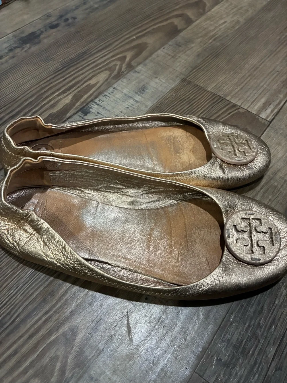 Tory Burch Metallic Gold Leather Logo Ballet Flats